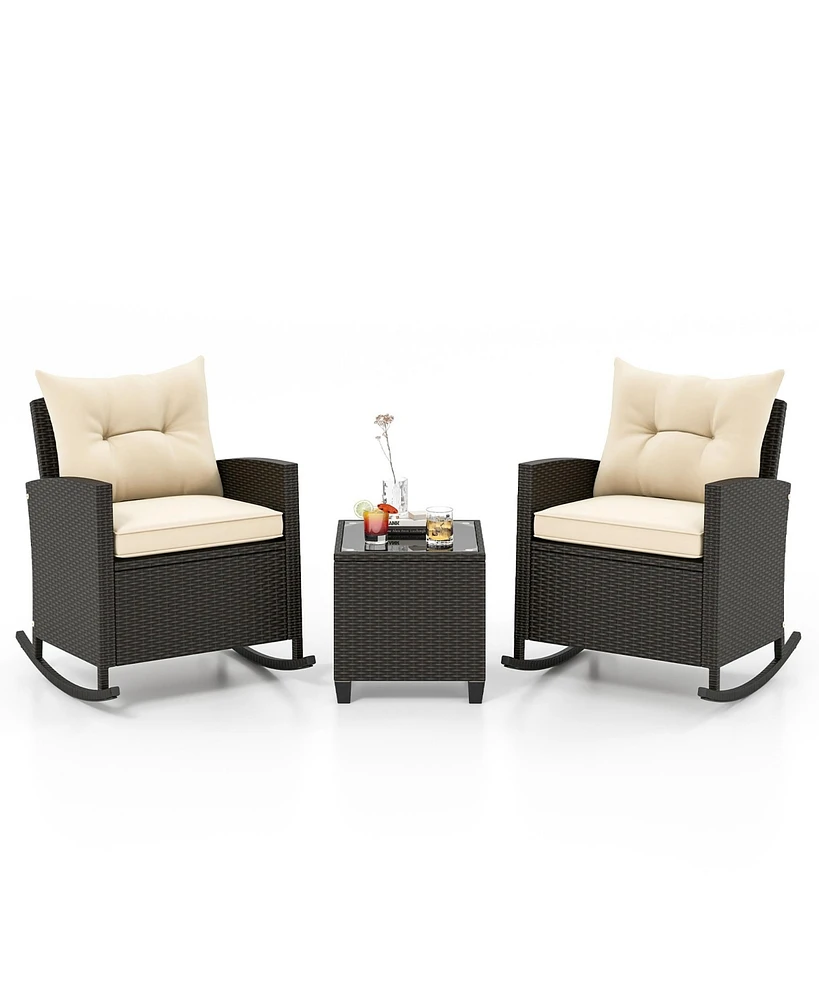 Gymax 3 Piece Outdoor Rocking Set Rattan Rocking Chair Set w/ Tempered Glass Table Seat