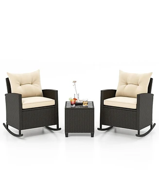 Gymax 3 Piece Outdoor Rocking Set Rattan Rocking Chair Set w/ Tempered Glass Table Seat