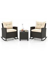 Gymax 3 Piece Outdoor Rocking Set Rattan Rocking Chair Set w/ Tempered Glass Table Seat