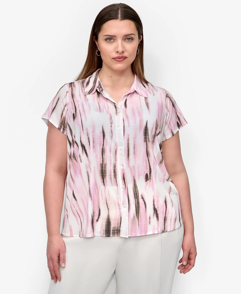 Dkny Plus Printed Short-Sleeve Button-Front Shirt