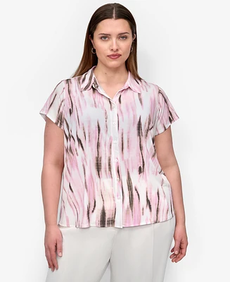 Dkny Plus Printed Short-Sleeve Button-Front Shirt