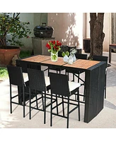 7 Pcs Patio Rattan Wicker Bar Dining Furniture Set wood Table Top 6 Stools