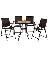 5PC Rattan Patio Furniture Set 4 Bar Stool Folding Chair and Bar Table W/Glass Top