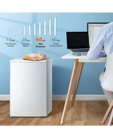 Zafro 3.0 Cu.ft upright mini freezer with adjustable thermostat, removable shelves, and reversible door. Ideal for bedrooms, homes, dorms, or apartmen