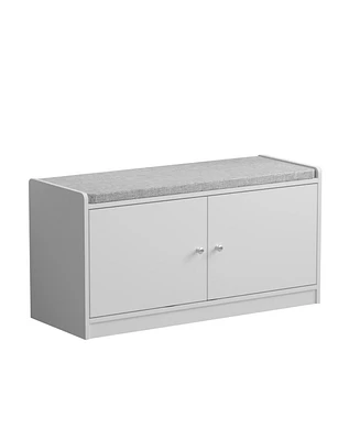 Shoe bench with movable shelves, white wooden shoe rack with two doors and four storage compartments, Entryway Bench