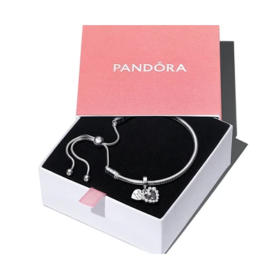 Pandora Sterling Silver Sparkling Dangle Heart Bracelet Set