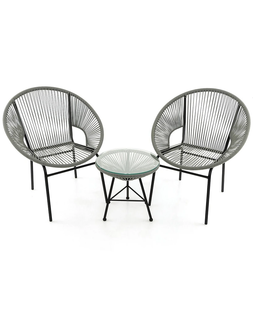 Gymax 3 Pcs Wicker Conversation Bistro Set Acapulco Chair Set with Tempered Glass Table