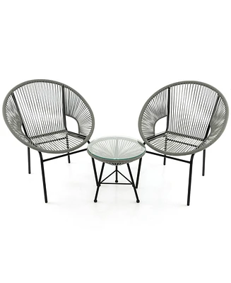 Gymax 3 Pcs Wicker Conversation Bistro Set Acapulco Chair Set with Tempered Glass Table