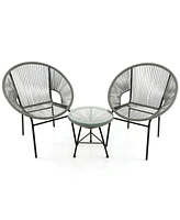 Gymax 3 Pcs Wicker Conversation Bistro Set Acapulco Chair Set with Tempered Glass Table