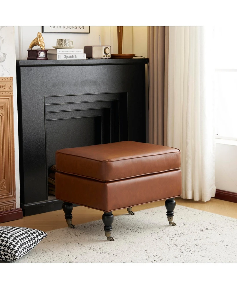 Pu Leather Ottoman with Solid Wood Legs and Casters, Brown