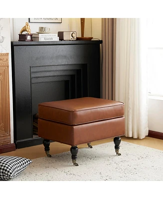 Pu Leather Ottoman with Solid Wood Legs and Casters, Brown