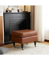 Pu Leather Ottoman with Solid Wood Legs and Casters, Brown