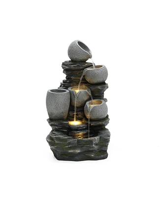 LuxenHome 3-Tier Gray Pots on Stacked Rocks 2.5-Feet Tall Outdoor Polyresin Fountain with Lights and Gray Side Planter