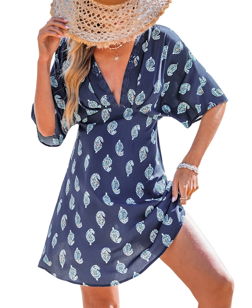 Cupshe Women's Breezy Navy Paisley Beach Dress with Plunging Neckline