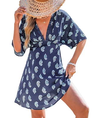 Cupshe Women's Breezy Navy Paisley Beach Dress with Plunging Neckline