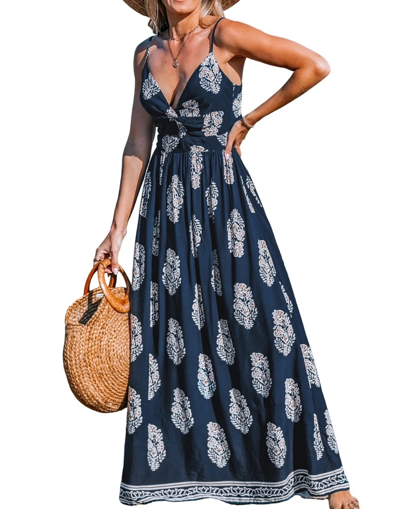 Cupshe Women's Navy Ornate Keyhole Maxi Beach Dress