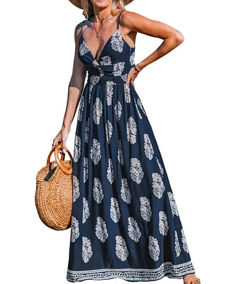 Cupshe Women's Navy Ornate Keyhole Maxi Beach Dress