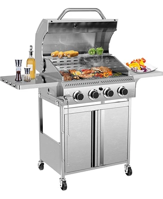 Cowsar 4-Burner Gas Bbq Grill, Astm 304 Stainless Steel Propane Grill with 32000 Btu, Outdoor Grill with Top Cover Lid,Wheels,Side Storage Shelves for