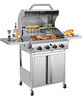 Cowsar 4-Burner Gas Bbq Grill, Astm 304 Stainless Steel Propane Grill with 32000 Btu, Outdoor Grill with Top Cover Lid,Wheels,Side Storage Shelves for