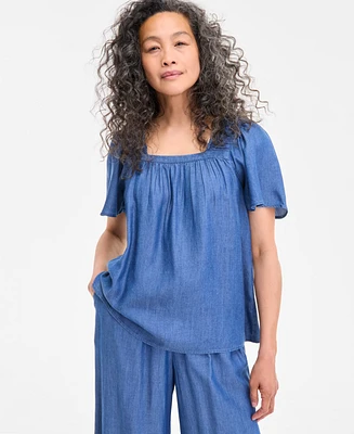 Style & Co Petite Flutter-Sleeve Chambray Top, Exclusively at Macy's