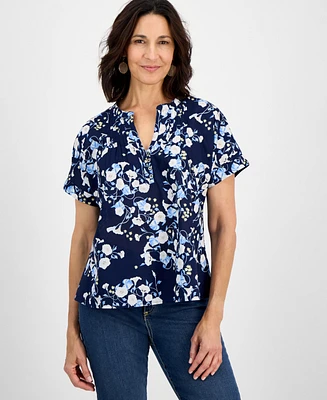 Style & Co Women's Cotton Floral Pintuck Top, Exclusively at Macy's