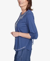 Alfred Dunner Women's Summer Solstice Embroidery Centered Tie Sleeve Top
