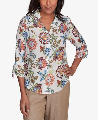 Alfred Dunner Women's Summer Solstice Batik Floral Button Front Top