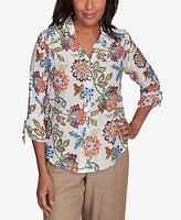 Alfred Dunner Women's Summer Solstice Batik Floral Button Front Top