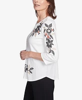 Alfred Dunner Women's Natural Instinct Earthy Floral Embroidered Textured Keyhole Neck Top