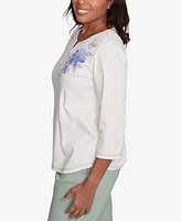 Alfred Dunner Women's Santa Fe Asymmetric Butterfly Floral Embroidered Top