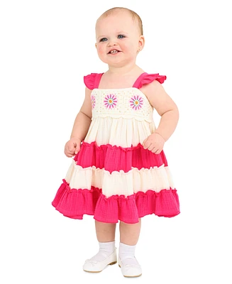 Rare Editions Baby Girls Flower Crochet Cotton Tiered Dress