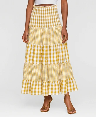Avec Les Filles Women's Cotton Check Tiered Smocked-Waist Maxi Skirt