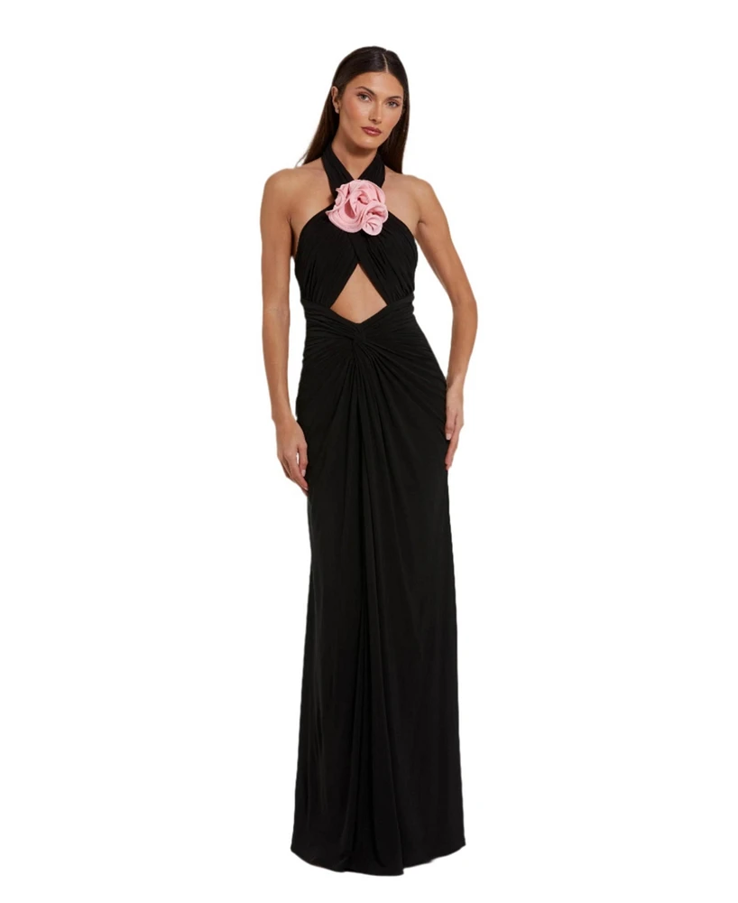 Mac Duggal Women's Jersey Crossover Halter Neck Gown With 3D Flower
