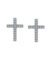 Bling Jewelry Traditional Religious Cz Stud Earrings, Micro Pave Cross, Sterling Silver Cubic Zirconia