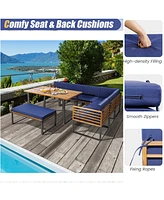 Gymax 8PCS Patio Dining Set Acacia Wood L Shaped Sectional Sofa Set w/ Navy Cushions