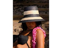 Nona Striped Bucket Palm Straw Hat Black and Natural
