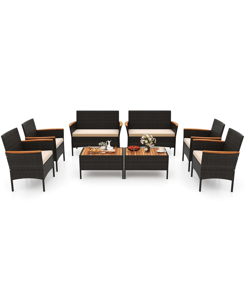 Gymax 8 Piece Outdoor Patio Rattan Furniture Set Rattan Conversation Set w/ Chairs & Loveseat