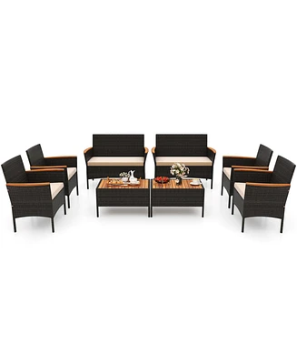 Gymax 8 Piece Outdoor Patio Rattan Furniture Set Rattan Conversation Set w/ Chairs & Loveseat