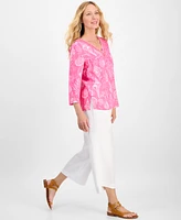 Charter Club Women's Printed 100% Linen Embellished Top, Exclusively at Macy's