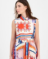 T Tahari Women's Printed Pleated Midi Shirtdress