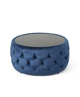 Round Velvet Tufted Ottoman with Tempered Glass Top, Modern Glam Design, Upholstered Footrest, Elegant Coffee Table Alternative for Living Room-The Po