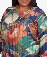 Alfred Dunner Plus Summer Solstice Dramatic Floral Top with Necklace