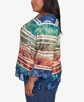 Alfred Dunner Plus Summer Solstice Tie Dye Striped Biadere Crew Neck Top