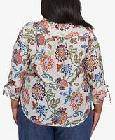 Alfred Dunner Plus Summer Solstice Batik Floral Button Front Top