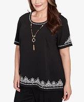 Alfred Dunner Plus Natural Instinct Embroidered Border T-Shirt with Necklace