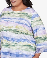 Alfred Dunner Plus Santa Fe Watercolor Biadere Striped Crew Neck Top