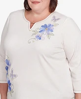Alfred Dunner Plus Santa Fe Asymmetric Butterfly Floral Embroidered Top