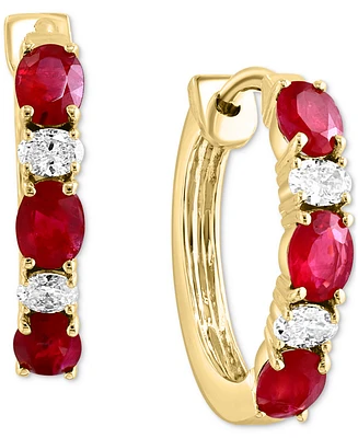 Lali Jewels Ruby (1-1/3 ct. t.w.) & Diamond (1/5 ct. t.w.) Small Hoop Earrings in 14k Yellow Gold, 0.62"