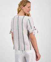 Charter Club Women's Striped 100% Linen Tie-Sleeve Top, Exclusively at Macy's