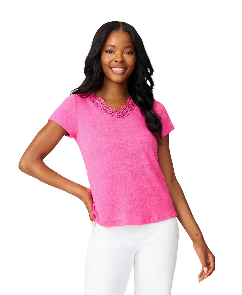 Cable & Gauge Women's Crochet Lace V-Neck Tshirt